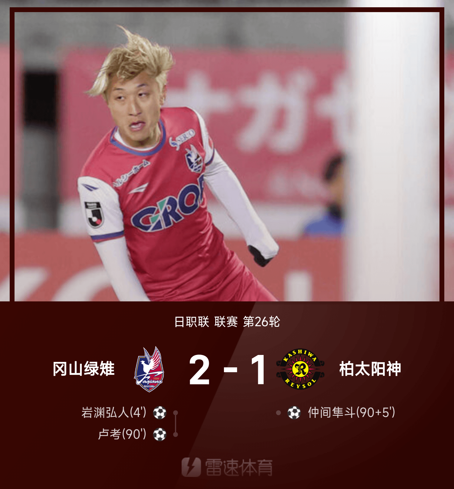 日职联战报：岩渊弘人、卢考破门，冈山绿雉2-1柏太阳神